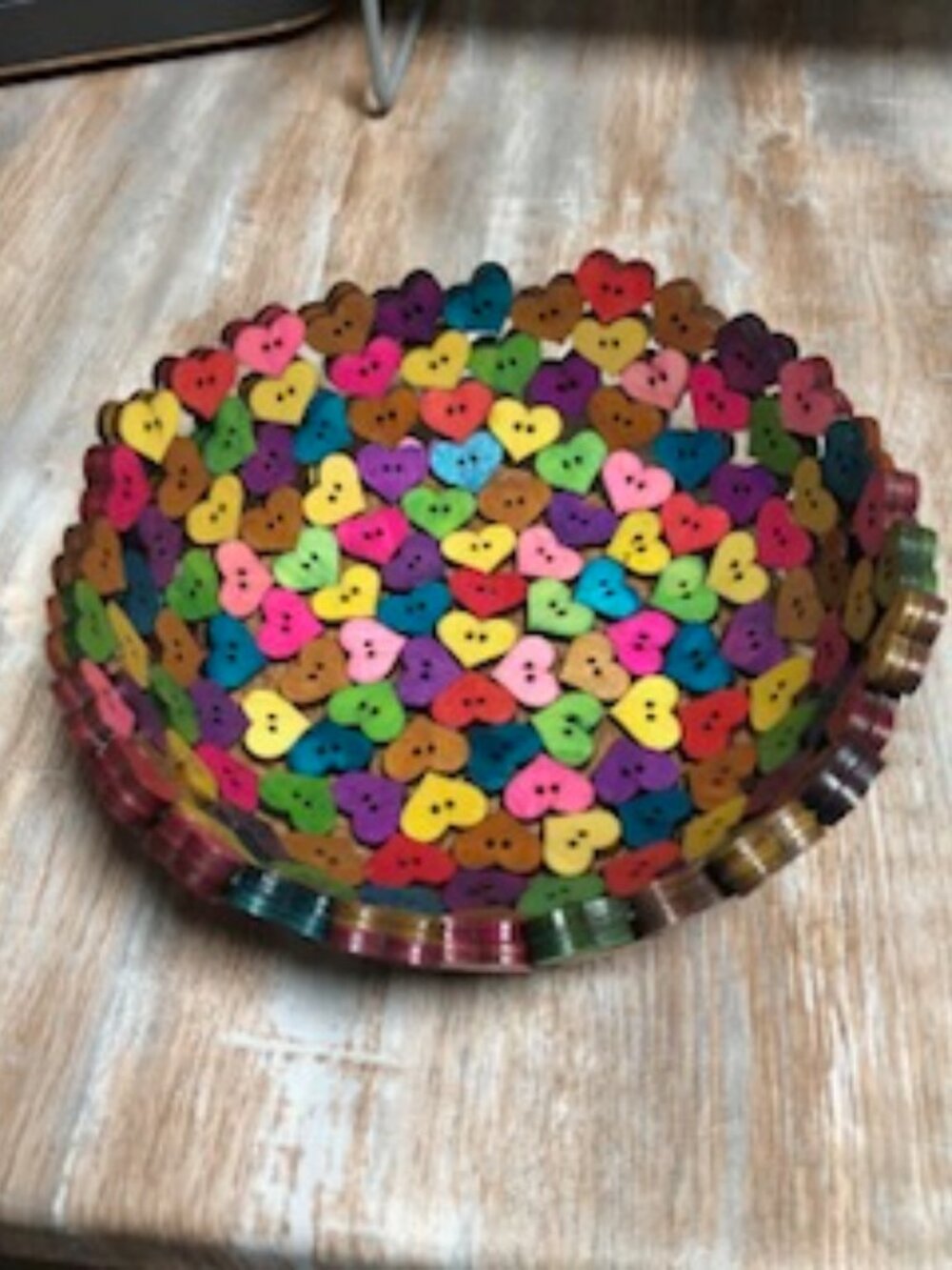 HANDMADE WHIMSICAL COLORFUL DOUBLE HEARTED WOODEN BOWL